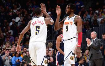 DENVER, CO - NOVEMBER 26: Will Barton #5, and Jerami Grant #9 of the Denver Nuggets react to a play against the Washington Wizards on November 26, 2019 at the Pepsi Center in Denver, Colorado. NOTE TO USER: User expressly acknowledges and agrees that, by downloading and/or using this Photograph, user is consenting to the terms and conditions of the Getty Images License Agreement. Mandatory Copyright Notice: Copyright 2019 NBAE (Photo by Bart Young/NBAE via Getty Images)