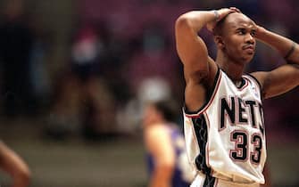 22 Feb 2000:  Stephon Marbury #33 of New Jersey Nets looks on from the court during the game against the Los Angeles Lakers at the Continental Airlines Arena in East Ruthorford, New Jersey. The Lakers defeated the Nets 97-89.   Mandatory Credit: David Leeds  /Allsport