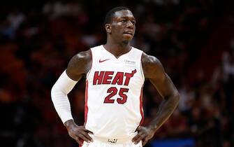 MIAMI, FLORIDA - OCTOBER 23:  Kendrick Nunn #25 of the Miami Heat looks on against the Memphis Grizzlies during the first half at American Airlines Arena on October 23, 2019 in Miami, Florida. NOTE TO USER: User expressly acknowledges and agrees that, by downloading and/or using this photograph, user is consenting to the terms and conditions of the Getty Images License Agreement. (Photo by Michael Reaves/Getty Images)