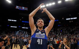SAN ANTONIO, TX - APRIL 10:  Dirk Nowitzki #41 of the Dallas Mavericks acknowledges fans at the end of his last game against the San Antonio Spurs at AT&T Center on April 10, 2019 in San Antonio, Texas.  NOTE TO USER: User expressly acknowledges and agrees that , by downloading and or using this photograph, User is consenting to the terms and conditions of the Getty Images License Agreement. (Photo by Ronald Cortes/Getty Images)