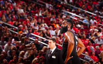 HOUSTON, TX - NOVEMBER 27:  James Harden #13 of the Houston Rockets looks on during the game against the Miami Heat on November 27, 2019 at the Toyota Center in Houston, Texas. NOTE TO USER: User expressly acknowledges and agrees that, by downloading and or using this photograph, User is consenting to the terms and conditions of the Getty Images License Agreement. Mandatory Copyright Notice: Copyright 2019 NBAE (Photo by Cato Cataldo/NBAE via Getty Images)