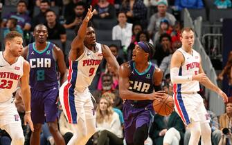 CHARLOTTE, NC - NOVEMBER 27: Devonte' Graham #4 of the Charlotte Hornets handles the ball against the Detroit Pistons on November 27, 2019 at Spectrum Center in Charlotte, North Carolina. NOTE TO USER: User expressly acknowledges and agrees that, by downloading and or using this photograph, User is consenting to the terms and conditions of the Getty Images License Agreement.  Mandatory Copyright Notice:  Copyright 2019 NBAE (Photo by Kent Smith/NBAE via Getty Images)