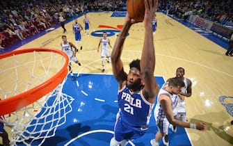 PHILADELPHIA, PA - NOVEMBER 27: Joel Embiid #21 of the Philadelphia 76ers dunks the ball against the Sacramento Kings on November 27, 2019 at the Wells Fargo Center in Philadelphia, Pennsylvania NOTE TO USER: User expressly acknowledges and agrees that, by downloading and/or using this Photograph, user is consenting to the terms and conditions of the Getty Images License Agreement. Mandatory Copyright Notice: Copyright 2019 NBAE (Photo by Jesse D. Garrabrant/NBAE via Getty Images)