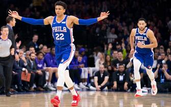 PHILADELPHIA, PA - NOVEMBER 27: Matisse Thybulle #22 of the Philadelphia 76ers reacts after making a three point basket against the Sacramento Kings in the third quarter at the Wells Fargo Center on November 27, 2019 in Philadelphia, Pennsylvania. The 76ers defeated Kings 97-91. NOTE TO USER: User expressly acknowledges and agrees that, by downloading and/or using this photograph, user is consenting to the terms and conditions of the Getty Images License Agreement. (Photo by Mitchell Leff/Getty Images)