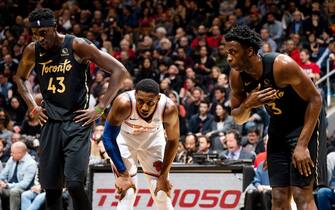 TORONTO, CANADA - NOVEMBER 27: RJ Barrett #9 of the New York Knicks looks on during a game against the Toronto Raptors on November 27, 2019 at the Scotiabank Arena in Toronto, Ontario, Canada.  NOTE TO USER: User expressly acknowledges and agrees that, by downloading and or using this Photograph, user is consenting to the terms and conditions of the Getty Images License Agreement.  Mandatory Copyright Notice: Copyright 2019 NBAE (Photo by Mark Blinch/NBAE via Getty Images)