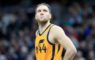 INDIANAPOLIS, INDIANA - NOVEMBER 27:   Bojan Bogdanovic #44 of the Utah Jazz watches the action against the Indiana Pacers at Bankers Life Fieldhouse on November 27, 2019 in Indianapolis, Indiana.     NOTE TO USER: User expressly acknowledges and agrees that, by downloading and or using this photograph, User is consenting to the terms and conditions of the Getty Images License Agreement. (Photo by Andy Lyons/Getty Images)