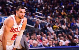SAN FRANCISCO, CA - NOVEMBER 27: Zach LaVine #8 of the Chicago Bulls looks on during a game against the Golden State Warriors on November 27, 2019 at Chase Center in San Francisco, California. NOTE TO USER: User expressly acknowledges and agrees that, by downloading and or using this photograph, user is consenting to the terms and conditions of Getty Images License Agreement. Mandatory Copyright Notice: Copyright 2019 NBAE (Photo by Noah Graham/NBAE via Getty Images)