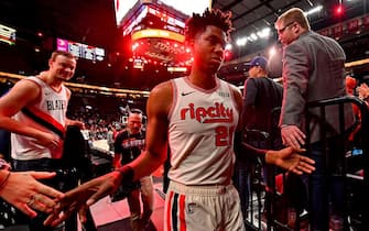 PORTLAND, OREGON - NOVEMBER 29: Hassan Whiteside #21 of the Portland Trail Blazers walks off the court after the game against the Chicago Bulls at the Moda Center on November 29, 2019 in Portland, Oregon.  The Trail Blazers won 107-103.  NOTE TO USER: User expressly acknowledges and agrees that, by downloading and or using this photograph, User is consenting to the terms and conditions of the Getty Images License Agreement.  (Photo by Alika Jenner/Getty Images)