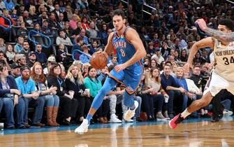 OKLAHOMA CITY, OK - NOVEMBER 29: Danilo Gallinari #8 of the Oklahoma City Thunder handles the ball against the New Orleans Pelicans on November 29, 2019 at Chesapeake Energy Arena in Oklahoma City, Oklahoma. NOTE TO USER: User expressly acknowledges and agrees that, by downloading and or using this photograph, User is consenting to the terms and conditions of the Getty Images License Agreement. Mandatory Copyright Notice: Copyright 2019 NBAE (Photo by Zach Beeker/NBAE via Getty Images)