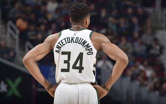 CLEVELAND, OH - NOVEMBER 29: Giannis Antetokounmpo #34 of the Milwaukee Bucks looks on against the Cleveland Cavaliers on November 29, 2019 at Quicken Loans Arena in Cleveland, Ohio. NOTE TO USER: User expressly acknowledges and agrees that, by downloading and/or using this Photograph, user is consenting to the terms and conditions of the Getty Images License Agreement. Mandatory Copyright Notice: Copyright 2019 NBAE (Photo by David Liam Kyle/NBAE via Getty Images)