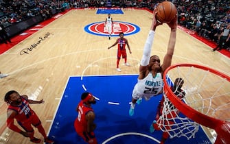 DETROIT, MI - NOVEMBER 29: PJ Washington #25 of the Charlotte Hornets dunks the ball against the Detroit Pistons on November 29, 2019 at Little Caesars Arena in Detroit, Michigan. NOTE TO USER: User expressly acknowledges and agrees that, by downloading and/or using this photograph, User is consenting to the terms and conditions of the Getty Images License Agreement. Mandatory Copyright Notice: Copyright 2019 NBAE (Photo by Brian Sevald/NBAE via Getty Images)