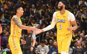 LOS ANGELES, CA - NOVEMBER 29: Danny Green #14 and Anthony Davis #3 of the Los Angeles Lakers hi-five during a game against the Washington Wizards on November 29, 2019 at STAPLES Center in Los Angeles, California. NOTE TO USER: User expressly acknowledges and agrees that, by downloading and/or using this Photograph, user is consenting to the terms and conditions of the Getty Images License Agreement. Mandatory Copyright Notice: Copyright 2019 NBAE (Photo by Andrew D. Bernstein/NBAE via Getty Images)