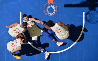 PHILADELPHIA, PA - NOVEMBER 30: Ben Simmons #25 of the Philadelphia 76ers is helped up by his teammates during the game against the Indiana Pacers on November 30, 2019 at the Wells Fargo Center in Philadelphia, Pennsylvania NOTE TO USER: User expressly acknowledges and agrees that, by downloading and/or using this Photograph, user is consenting to the terms and conditions of the Getty Images License Agreement. Mandatory Copyright Notice: Copyright 2019 NBAE (Photo by Jesse D. Garrabrant/NBAE via Getty Images)