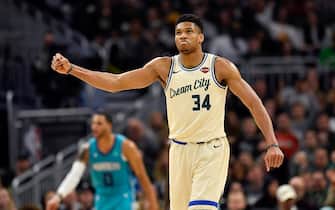 MILWAUKEE, WISCONSIN - NOVEMBER 30: Giannis Antetokounmpo #34 of the Milwaukee Bucks reacts after scoring in the second half against the Charlotte Hornets at Fiserv Forum on November 30, 2019 in Milwaukee, Wisconsin.  NOTE TO USER: User expressly acknowledges and agrees that, by downloading and or using this photograph, User is consenting to the terms and conditions of the Getty Images License Agreement.    (Photo by Quinn Harris/Getty Images)
