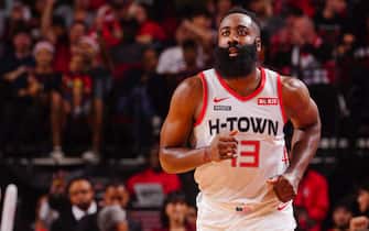 HOUSTON, TX - NOVEMBER 30:  James Harden #13 of the Houston Rockets runs up the court against the Atlanta Hawks on November 30, 2019 at the Toyota Center in Houston, Texas. NOTE TO USER: User expressly acknowledges and agrees that, by downloading and or using this photograph, User is consenting to the terms and conditions of the Getty Images License Agreement. Mandatory Copyright Notice: Copyright 2019 NBAE (Photo by Cato Cataldo/NBAE via Getty Images)