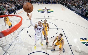 1180500669 SALT LAKE CITY, UT - NOVEMBER 6: Tobias Harris #12 of the Philadelphia 76ers shoots the ball against the Utah Jazz on November 6, 2019 at vivint.SmartHome Arena in Salt Lake City, Utah. NOTE TO USER: User expressly acknowledges and agrees that, by downloading and or using this Photograph, User is consenting to the terms and conditions of the Getty Images License Agreement. Mandatory Copyright Notice: Copyright 2019 NBAE (Photo by Melissa Majchrzak/NBAE via Getty Images)