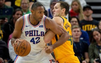 1180501039 SALT LAKE CITY, UT - NOVEMBER 06: Al Horford #42 of the Philadelphia 76ers drives into Bojan Bogdanovic #44 of the Utah Jazz during a game at Vivint Smart Home Arena on November 6, 2019 in Salt Lake City, Utah. NOTE TO USER: User expressly acknowledges and agrees that, by downloading and/or using this photograph, user is consenting to the terms and conditions of the Getty Images License Agreement. (Photo by Alex Goodlett/Getty Images)