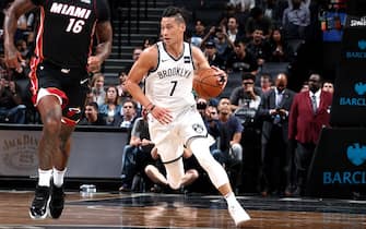 858061680 BROOKLYN, NY - OCTOBER 5: Jeremy Lin #7 of the Brooklyn Nets handles the ball during the game against the Miami Heat during a preseason game on October 5, 2017 at Barclays Center in Brooklyn, New York. NOTE TO USER: User expressly acknowledges and agrees that, by downloading and or using this Photograph, user is consenting to the terms and conditions of the Getty Images License Agreement. Mandatory Copyright Notice: Copyright 2017 NBAE (Photo by Nathaniel S. Butler/NBAE via Getty Images)