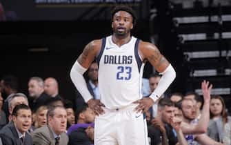 917767990 SACRAMENTO, CA - FEBRUARY 3: Wesley Matthews #23 of the Dallas Mavericks looks on during the game against the Sacramento Kings on February 3, 2018 at Golden 1 Center in Sacramento, California. NOTE TO USER: User expressly acknowledges and agrees that, by downloading and or using this photograph, User is consenting to the terms and conditions of the Getty Images Agreement. Mandatory Copyright Notice: Copyright 2018 NBAE (Photo by Rocky Widner/NBAE via Getty Images)