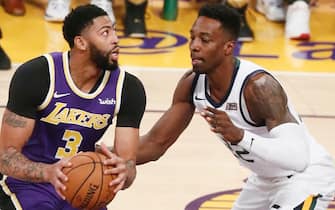 1178669502 LOS ANGELES, CA - OCTOBER 25: Anthony Davis #3 of the Los Angeles Lakers handles the ball against the Utah Jazz on October 25, 2019 at STAPLES Center in Los Angeles, California. NOTE TO USER: User expressly acknowledges and agrees that, by downloading and/or using this Photograph, user is consenting to the terms and conditions of the Getty Images License Agreement. Mandatory Copyright Notice: Copyright 2019 NBAE (Photo by Chris Elise/NBAE via Getty Images)