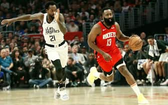 LOS ANGELES, CA - DECEMBER 19: James Harden #13 of the Houston Rockets handles the ball against the LA Clippers on December 19, 2019 at STAPLES Center in Los Angeles, California. NOTE TO USER: User expressly acknowledges and agrees that, by downloading and/or using this Photograph, user is consenting to the terms and conditions of the Getty Images License Agreement. Mandatory Copyright Notice: Copyright 2019 NBAE (Photo by Chris Elise/NBAE via Getty Images)