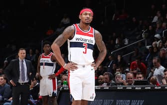 WASHINGTON, DC -  DECEMBER 3: Bradley Beal #3 of the Washington Wizards looks on against the Orlando Magic on December 3, 2019 at Capital One Arena in Washington, DC. NOTE TO USER: User expressly acknowledges and agrees that, by downloading and or using this Photograph, user is consenting to the terms and conditions of the Getty Images License Agreement. Mandatory Copyright Notice: Copyright 2019 NBAE (Photo by Stephen Gosling/NBAE via Getty Images)
