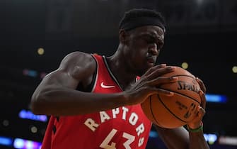 1186855539 LOS ANGELES, CALIFORNIA - NOVEMBER 10: Pascal Siakam #43 of the Toronto Raptors reacts to a Raptor foul during a 113-104 win over the Los Angeles Lakers at Staples Center on November 10, 2019 in Los Angeles, California. NOTE TO USER: User expressly acknowledges and agrees that, by downloading and/or using this photograph, user is consenting to the terms and conditions of the Getty Images License Agreement. (Photo by Harry How/Getty Images)