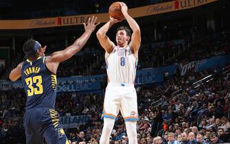 1186511227 OKLAHOMA CITY, OK- DECEMBER 4: Danilo Gallinari #8 of the Oklahoma City Thunder shoots the ball against the Indiana Pacers on December 4, 2019 at Chesapeake Energy Arena in Oklahoma City, Oklahoma. NOTE TO USER: User expressly acknowledges and agrees that, by downloading and or using this photograph, User is consenting to the terms and conditions of the Getty Images License Agreement. Mandatory Copyright Notice: Copyright 2019 NBAE (Photo by Zach Beeker/NBAE via Getty Images)