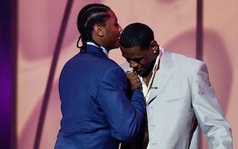 Carmelo Anthony and LeBron James during 2003 ESPY Awards - Show and Audience at Kodak Theatre in Hollywood, California, United States. (Photo by M. Caulfield/WireImage for ESPN)