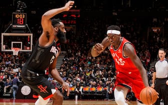 1186704633 TORONTO, CANADA - DECEMBER 5: Pascal Siakam #43 of the Toronto Raptors handles the ball against the Houston Rockets on December 5, 2019 at the Scotiabank Arena in Toronto, Ontario, Canada. NOTE TO USER: User expressly acknowledges and agrees that, by downloading and or using this Photograph, user is consenting to the terms and conditions of the Getty Images License Agreement. Mandatory Copyright Notice: Copyright 2019 NBAE (Photo by Mark Blinch/NBAE via Getty Images)