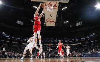 1186691411 NEW ORLEANS, LA - DECEMBER 5: Nicolo Melli #20 of the New Orleans Pelicans dunks the ball against the Phoenix Suns on December 5, 2019 at the Smoothie King Center in New Orleans, Louisiana. NOTE TO USER: User expressly acknowledges and agrees that, by downloading and or using this Photograph, user is consenting to the terms and conditions of the Getty Images License Agreement. Mandatory Copyright Notice: Copyright 2019 NBAE (Photo by Layne Murdoch Jr./NBAE via Getty Images)