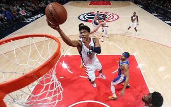 WASHINGTON, DC -  DECEMBER 5: Rui Hachimura #8 of the Washington Wizards shoots the ball against the Philadelphia 76ers on December 5, 2019 at Capital One Arena in Washington, DC. NOTE TO USER: User expressly acknowledges and agrees that, by downloading and or using this Photograph, user is consenting to the terms and conditions of the Getty Images License Agreement. Mandatory Copyright Notice: Copyright 2019 NBAE (Photo by Ned Dishman/NBAE via Getty Images)
