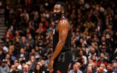 TORONTO, CANADA - DECEMBER 5:  James Harden #13 of the Houston Rockets smiles during game against the Toronto Raptors on December 5, 2019 at the Scotiabank Arena in Toronto, Ontario, Canada.  NOTE TO USER: User expressly acknowledges and agrees that, by downloading and or using this Photograph, user is consenting to the terms and conditions of the Getty Images License Agreement.  Mandatory Copyright Notice: Copyright 2019 NBAE (Photo by Mark Blinch/NBAE via Getty Images)