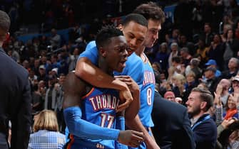 1186799192 OKLAHOMA CITY, OK- DECEMBER 6: Dennis Schroder #17 of the Oklahoma City Thunder reacts to a play during the game against the Minnesota Timberwolves on December 6, 2019 at Chesapeake Energy Arena in Oklahoma City, Oklahoma. NOTE TO USER: User expressly acknowledges and agrees that, by downloading and or using this photograph, User is consenting to the terms and conditions of the Getty Images License Agreement. Mandatory Copyright Notice: Copyright 2019 NBAE (Photo by Zach Beeker/NBAE via Getty Images)