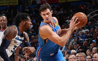 1186794455 OKLAHOMA CITY, OK- DECEMBER 6: Danilo Gallinari #8 of the Oklahoma City Thunder handles the ball against the Minnesota Timberwolves on December 6, 2019 at Chesapeake Energy Arena in Oklahoma City, Oklahoma. NOTE TO USER: User expressly acknowledges and agrees that, by downloading and or using this photograph, User is consenting to the terms and conditions of the Getty Images License Agreement. Mandatory Copyright Notice: Copyright 2019 NBAE (Photo by Zach Beeker/NBAE via Getty Images)