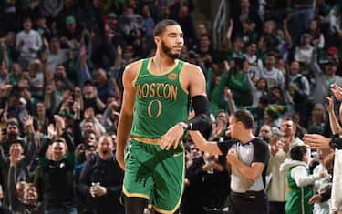 BOSTON, MA - DECEMBER 6: Jayson Tatum #0 of the Boston Celtics reacts during a game against the Denver Nuggets on December 6, 2019 at the TD Garden in Boston, Massachusetts. NOTE TO USER: User expressly acknowledges and agrees that, by downloading and or using this photograph, User is consenting to the terms and conditions of the Getty Images License Agreement. Mandatory Copyright Notice: Copyright 2019 NBAE (Photo by Brian Babineau/NBAE via Getty Images)