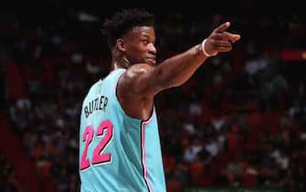 MIAMI, FL - DECEMBER 6: Jimmy Butler #22 of the Miami Heat reacts to a play during the game against the Washington Wizards on December 6, 2019 at American Airlines Arena in Miami, Florida. NOTE TO USER: User expressly acknowledges and agrees that, by downloading and or using this Photograph, user is consenting to the terms and conditions of the Getty Images License Agreement. Mandatory Copyright Notice: Copyright 2019 NBAE (Photo by Issac Baldizon/NBAE via Getty Images)