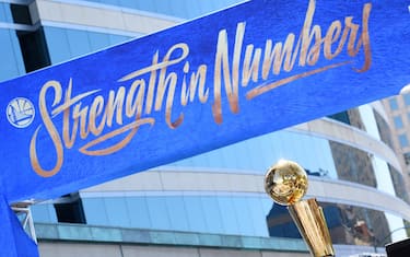 OAKLAND, CA - JUNE 12: The Larry O'Brien Championship Trophy seen during the Golden State Warriors Victory Parade on June 12, 2018 in Oakland, California. NOTE TO USER: User expressly acknowledges and agrees that, by downloading and/or using this photograph, user is consenting to the terms and conditions of Getty Images License Agreement. Mandatory Copyright Notice: Copyright 2018 NBAE (Photo by Noah Graham/NBAE via Getty Images)