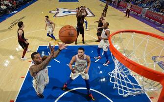 PHILADELPHIA, PA - DECEMBER 7: Mike Scott #1 of the Philadelphia 76ers grabs the rebound against the Cleveland Cavaliers on December 7, 2019 at the Wells Fargo Center in Philadelphia, Pennsylvania NOTE TO USER: User expressly acknowledges and agrees that, by downloading and/or using this Photograph, user is consenting to the terms and conditions of the Getty Images License Agreement. Mandatory Copyright Notice: Copyright 2019 NBAE (Photo by Jesse D. Garrabrant/NBAE via Getty Images)