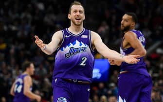 1187051812 SALT LAKE CITY, UT - DECEMBER 07: Joe Ingles #2 of the Utah Jazz reacts to a call during a game against the Memphis Grizzlies at Vivint Smart Home Arena on December 7, 2019 in Salt Lake City, Utah. NOTE TO USER: User expressly acknowledges and agrees that, by downloading and/or using this photograph, user is consenting to the terms and conditions of the Getty Images License Agreement. (Photo by Alex Goodlett/Getty Images)
