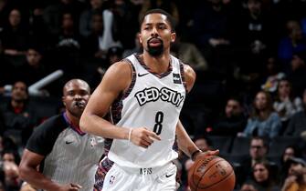 BROOKLYN, NY - DECEMBER 8: Spencer Dinwiddie #8 of the Brooklyn Nets handles the ball during a game against the Denver Nuggets on December 8, 2019 at Barclays Center in Brooklyn, New York. NOTE TO USER: User expressly acknowledges and agrees that, by downloading and or using this Photograph, user is consenting to the terms and conditions of the Getty Images License Agreement. Mandatory Copyright Notice: Copyright 2019 NBAE (Photo by Nathaniel S. Butler/NBAE via Getty Images)