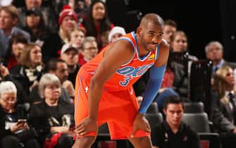 1187276910 PORTLAND, OR - DECEMBER 8: Chris Paul #3 of the Oklahoma City Thunder smiles during a game against the Portland Trail Blazers on December 8, 2019 at the Moda Center Arena in Portland, Oregon. NOTE TO USER: User expressly acknowledges and agrees that, by downloading and or using this photograph, user is consenting to the terms and conditions of the Getty Images License Agreement. Mandatory Copyright Notice: Copyright 2019 NBAE (Photo by Cameron Browne/NBAE via Getty Images)