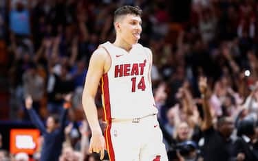 MIAMI, FLORIDA - DECEMBER 08:  Tyler Herro #14 of the Miami Heat celebrates after a three pointer in overtime against the Chicago Bulls at American Airlines Arena on December 08, 2019 in Miami, Florida. NOTE TO USER: User expressly acknowledges and agrees that, by downloading and/or using this photograph, user is consenting to the terms and conditions of the Getty Images License Agreement. (Photo by Michael Reaves/Getty Images)