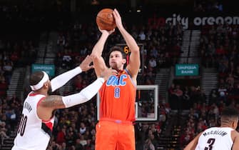 PORTLAND, OR - DECEMBER 8: Danilo Gallinari #8 of the Oklahoma City Thunder shoots a three-pointer against the Portland Trail Blazers on December 8, 2019 at the Moda Center Arena in Portland, Oregon. NOTE TO USER: User expressly acknowledges and agrees that, by downloading and or using this photograph, user is consenting to the terms and conditions of the Getty Images License Agreement. Mandatory Copyright Notice: Copyright 2019 NBAE (Photo by Sam Forencich/NBAE via Getty Images)