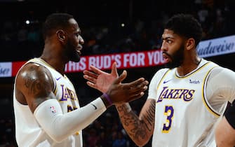 DENVER, CO - DECEMBER 3: LeBron James #23 of the Los Angeles Lakers and Anthony Davis #3 during the game against the Denver Nuggets on December 3, 2019 at the Pepsi Center in Denver, Colorado. NOTE TO USER: User expressly acknowledges and agrees that, by downloading and/or using this Photograph, user is consenting to the terms and conditions of the Getty Images License Agreement. Mandatory Copyright Notice: Copyright 2019 NBAE (Photo by Bart Young/NBAE via Getty Images)
