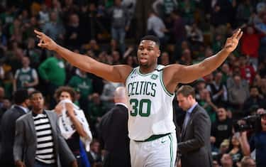 BOSTON, MA - APRIL 6: Guerschon Yabusele #30 of the Boston Celtics celebrates a victory over the Chicago Bulls  after the game on April 6, 2018 at the TD Garden in Boston, Massachusetts.  NOTE TO USER: User expressly acknowledges and agrees that, by downloading and or using this photograph, User is consenting to the terms and conditions of the Getty Images License Agreement. Mandatory Copyright Notice: Copyright 2018 NBAE  (Photo by Brian Babineau/NBAE via Getty Images)