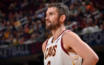 CLEVELAND, OH - NOVEMBER 5: Kevin Love #0 of the Cleveland Cavaliers looks on before the game against the Boston Celtics on November 5, 2019 at Quicken Loans Arena in Cleveland, Ohio. NOTE TO USER: User expressly acknowledges and agrees that, by downloading and/or using this Photograph, user is consenting to the terms and conditions of the Getty Images License Agreement. Mandatory Copyright Notice: Copyright 2019 NBAE (Photo by David Liam Kyle/NBAE via Getty Images)