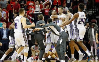 HOUSTON, TX - DECEMBER 09:  Nemanja Bjelica #88 of the Sacramento Kings is congratulated by teammates after making a game-winning, three-point shot against the Houston Rockets at Toyota Center on December 9, 2019 in Houston, Texas.  NOTE TO USER: User expressly acknowledges and agrees that, by downloading and or using this photograph, User is consenting to the terms and conditions of the Getty Images License Agreement.  (Photo by Tim Warner/Getty Images)