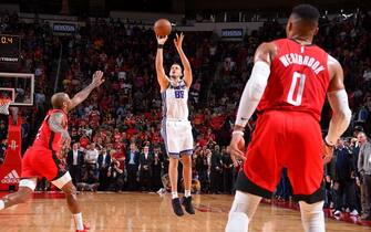 1187445160 HOUSTON, TX - DECEMBER 9: Nemanja Bjelica #88 of the Sacramento Kings shoots the 3-point shot to win the game against the Houston Rockets on December 09, 2019 at the Toyota Center in Houston, Texas. NOTE TO USER: User expressly acknowledges and agrees that, by downloading and or using this photograph, User is consenting to the terms and conditions of the Getty Images License Agreement. Mandatory Copyright Notice: Copyright 2019 NBAE (Photo by Bill Baptist/NBAE via Getty Images)