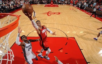 HOUSTON, TX - DECEMBER 9: Russell Westbrook #0 of the Houston Rockets shoots the ball against the Sacramento Kings on December 09, 2019 at the Toyota Center in Houston, Texas. NOTE TO USER: User expressly acknowledges and agrees that, by downloading and or using this photograph, User is consenting to the terms and conditions of the Getty Images License Agreement. Mandatory Copyright Notice: Copyright 2019 NBAE (Photo by Bill Baptist/NBAE via Getty Images)